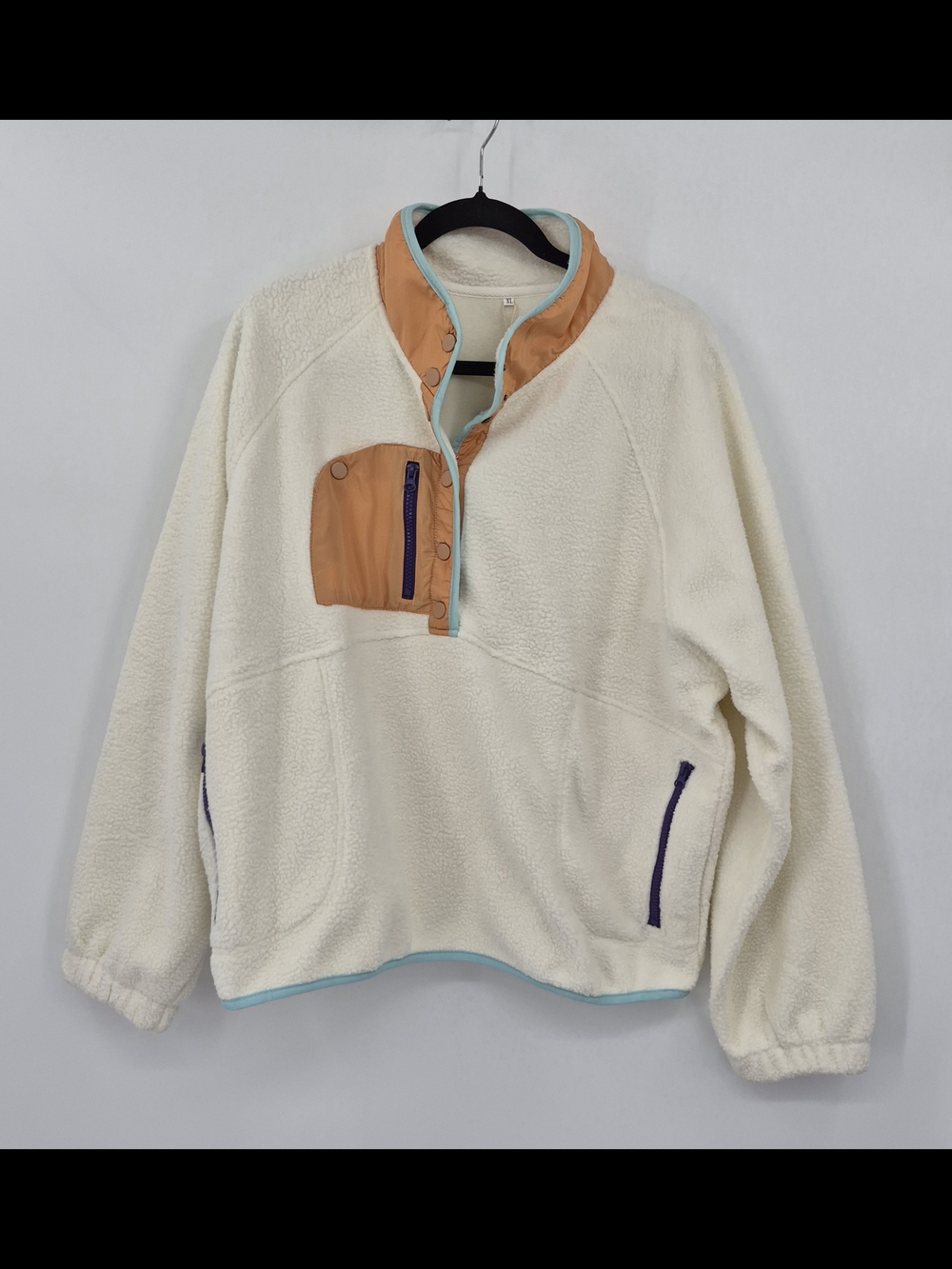 Womens Color Block Fuzzy Sherpa Pullover Sweatshirt Half Button Size XL